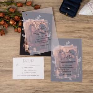 Custom Fancy Photo Vellum Wedding Invitations With White Floral Frame Design RDV0015