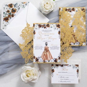 Metallic Gold Butterfly Laser Cut Quinceanera Wholesale Invitation RWPL0239