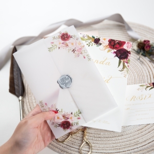Burgundy Floral Vellum Paper Pocket Wholesale Wedding Invitation WPV0001