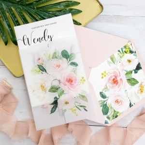 Blush Pink Floral Vellum Paper Pocket Wholesale Wedding Invitation WPV0005