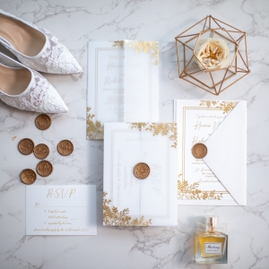 Gold foil Vellum Jacket with Delicate Flowers wedding invitation RPV0014