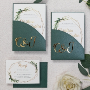 3D Acrylic Stickers with Greenery Panel Pocket Invitation Set RWSNT004
