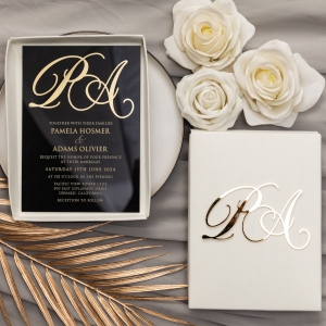 Black Acrylic Wedding Invitation with Gold Acrylic Monogram Tag RWSNT019