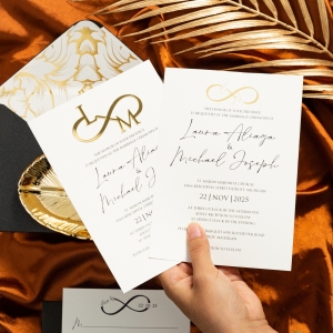 Elegant Black and Gold Wedding Invitation with 3D Infinite Name Tag RWSNT031