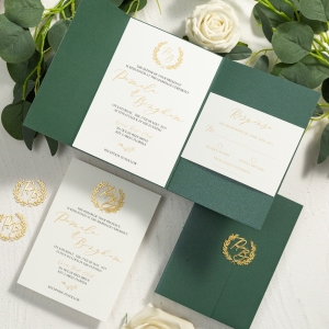 Elegant Simple Emerald Green Tri-fold Pocket Wedding Invitations with 3D Acrylic Monogram RWSNT032