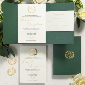 Elegant Simple Emerald Green Tri-fold Pocket Wedding Invitations with 3D Acrylic Monogram RWSNT032