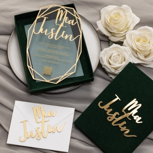 Luxury Geometry Shaped Acrylic Wedding Invitation Set with 3D Rose Gold Acrylic Name Tag RWSNT035