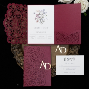 Graceful Love Heart Tri-fold Laser Cut Pocket Wedding Invitation With Customized Name Tag RWSNT042