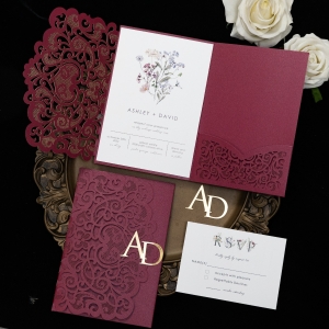 Graceful Love Heart Tri-fold Laser Cut Pocket Wedding Invitation With Customized Name Tag RWSNT042