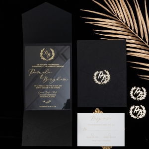 Classic Gold Printed Acrylic Wedding Invitation And Exquisite Black Pocket with 3D Monogram RWSNT047