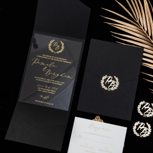 Classic Gold Printed Acrylic Wedding Invitation And Exquisite Black Pocket with 3D Monogram RWSNT047