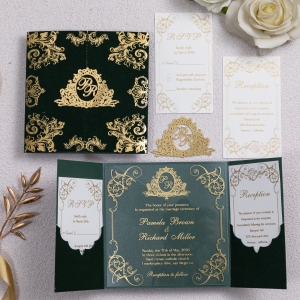 Luxurious Gold Foil Printed Green Velvet Pocket With Elegant Clear Acrylic Wedding Invitation RWSNT065