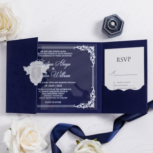Personalized Navy Velvet Boxed Wedding Invitations with 3D Acrylic Name Tag RWSNT067