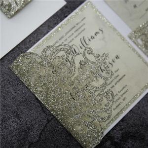 Classic Floral Tri-fold Glitter Paper Laser Cut Wedding Invitation Suite WSWL0007
