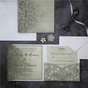 Classic Floral Tri-fold Glitter Paper Laser Cut Wedding Invitation Suite WSWL0007
