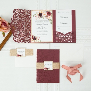Graceful Love Heart Tri-fold Laser Cut Pocket Wholesale Wedding Invitation Suite WSWL0016
