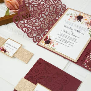 Graceful Love Heart Tri-fold Laser Cut Pocket Wholesale Wedding Invitation Suite WSWL0016
