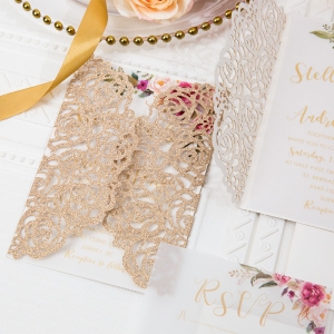  Rose Design Glitter Paper Laser Cut Wedding Invitation Suite WSWL0043