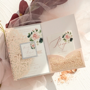 Elegant Glitter Blush floral Laser Cut Wholesale Wedding Invitation Suite WSWL0102