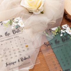 Modern Greenery Calender White Floral Acrylic Save the Date Cards ACRSTD001